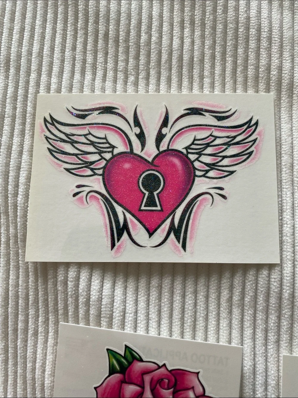 Y2K Temporary Tattoos Glitter Pink Hearts Key Wings Rose Flower Cherries Stars